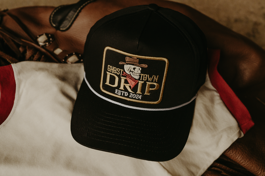 Black and White Embroidered Ghost Town Drip Logo Hat