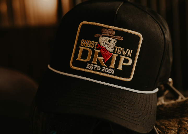 Black and White Embroidered Ghost Town Drip Logo Hat