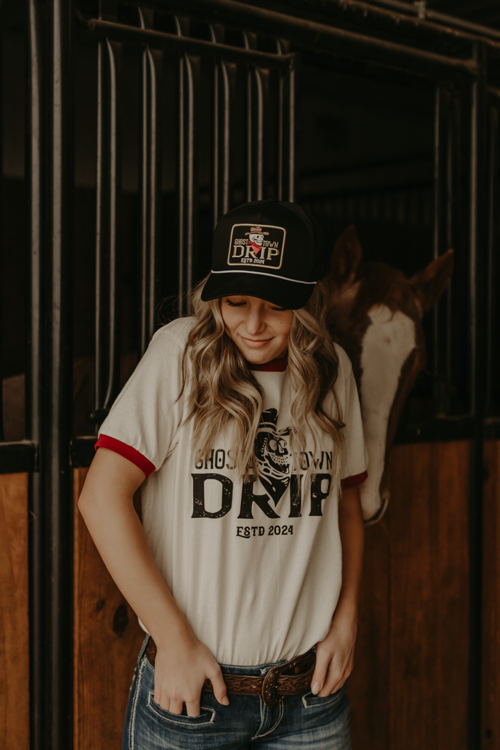 Black and White Embroidered Ghost Town Drip Logo Hat